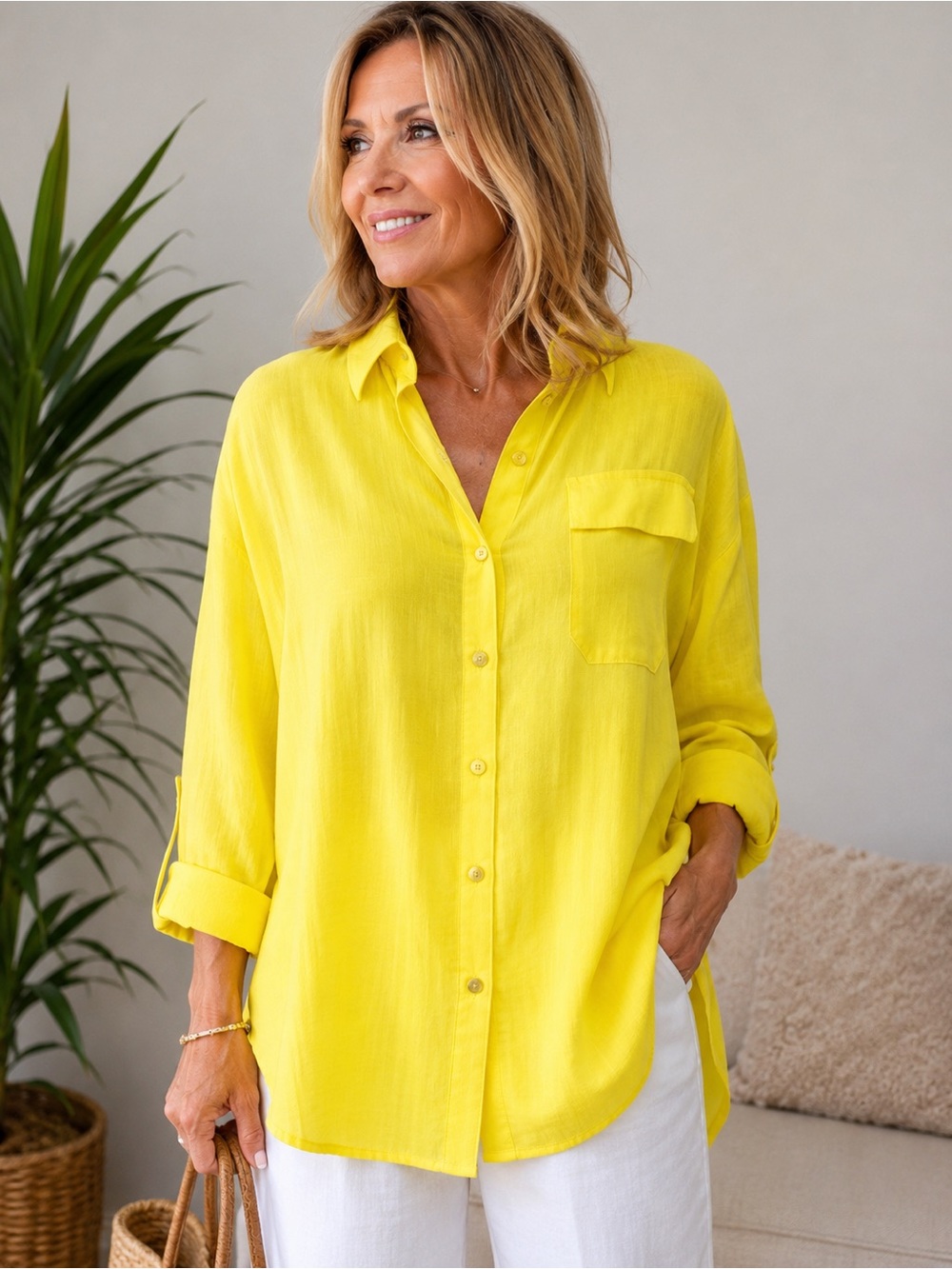 Women's Bright Yellow Button-Down Split-Back Shirt